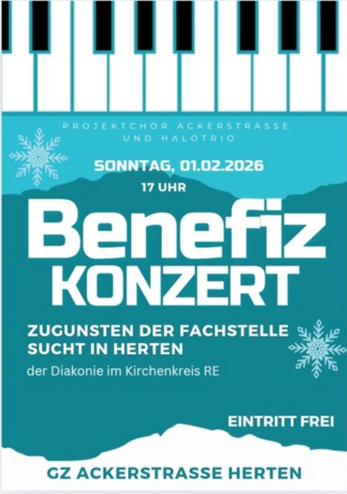 türkisfarbene Grafik mit einer Klaviertastatur am oberen Rand und dem Titel "Benefiz-Konzert"
