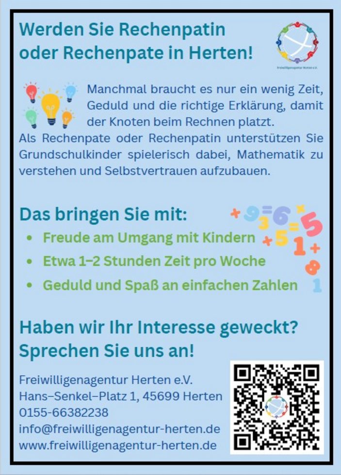 blau unterlegtes Plakat mit einem QR-Code, vielen bunten Zahlen und Glühbirnen und dem Titel "Werden Sie Rechenpatin oder Rechenpate in Herten!"