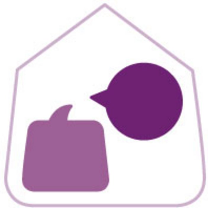 Lila Logo des Frauenhauses mit den Umrissen von einem Koffer, einer Sprechblase und einem Haus
