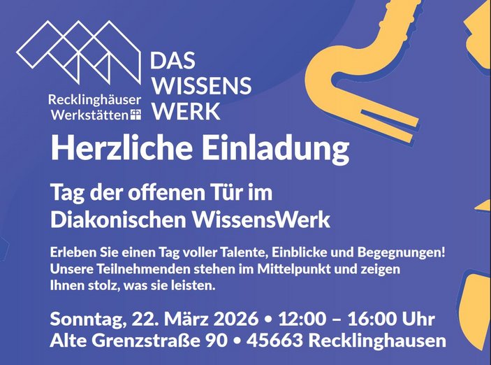 Blaues Plakat mit dem Werkstätten-Logo und der Überschrift: Herzliche Einladung