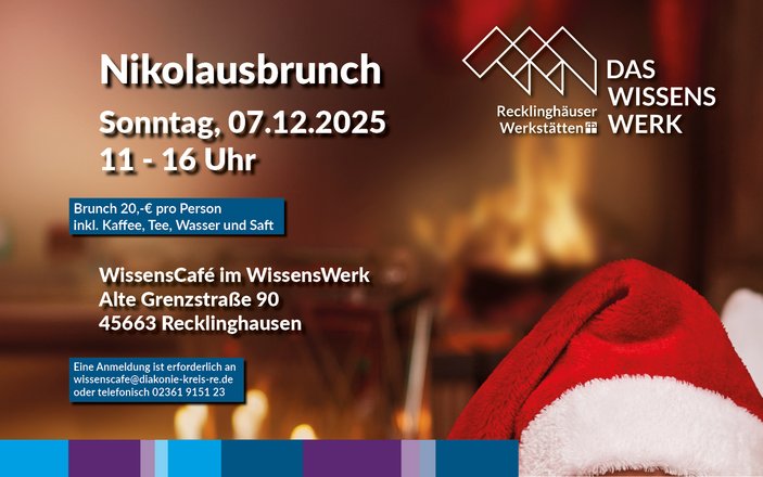 Werkstätten-Logo und Nikolaus-Mütze im HIntergrund. Text: Nikolausbrunch Sonntag, 7.12.25, 11-16 Uhr