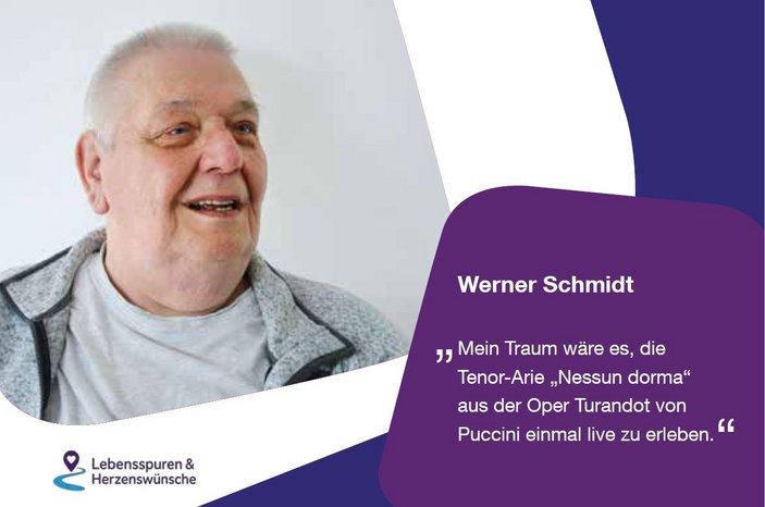 Halbprofil eines älteren Mannes. Daneben ein lila-farbenes Feld mit seinem Wunsch: Die Arie Nessun Dorma von Puccini live erleben.