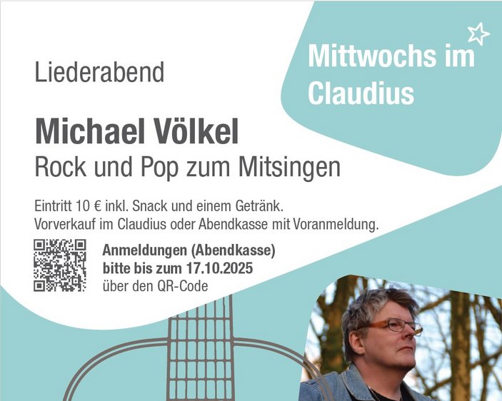 Grafik in weiß und grüngrau mit dem Test: Liederabend Michael Völkel, Rock und Pop zum Mitsingen