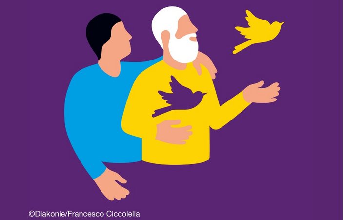 Grafik mit zwei nebeneinanderstehenden Menschen, die zwei Tauben fliegen lassen