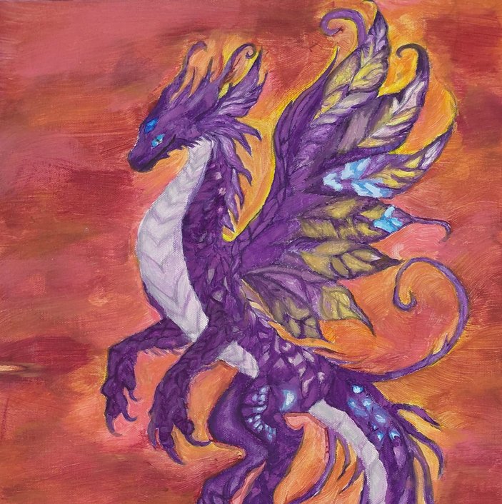 Aquarell von einem lila-farbenen Drachen vor rotem Hintergrund