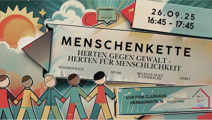 Grafik mit Sonne, Sternen und Figuren, die sich an den Händen Hhalten