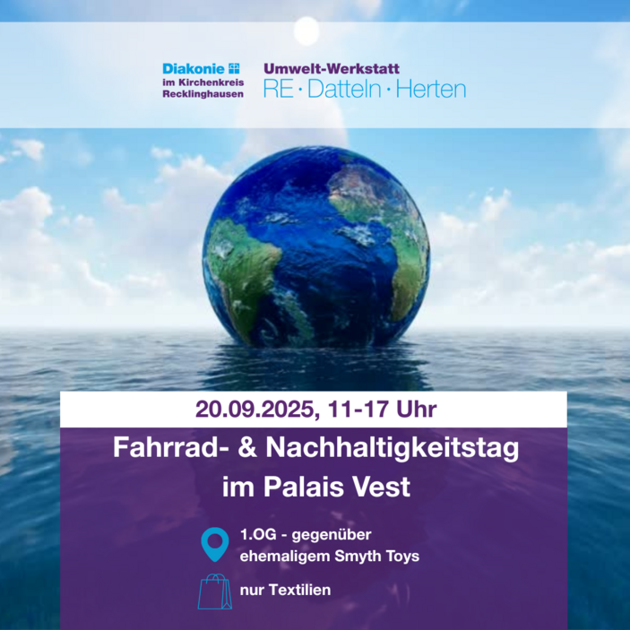 eine Weltkugel, die wie ein Wasserball auf einem Ozean schwimmt, dazu der Text: 20.9.25, 11-17 Uhr, Fahrrad- und Nachhaltigkeitstag im Palais Vest