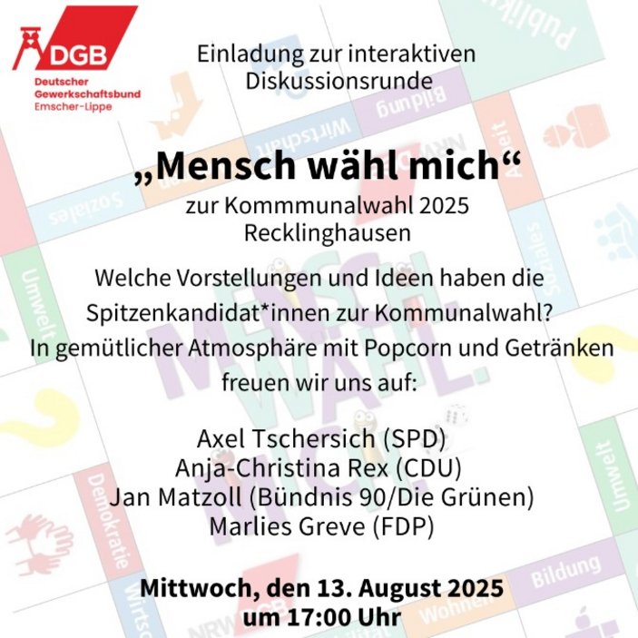 Plakat des DGB mit der Überschrift "Mensch wähl mich", Einladung zur interaktiven Diskussionsrunde