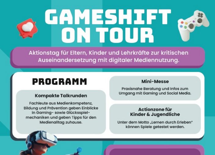 Smaragdgrüne Grafik mit der Überschrift: Gameshift on Tour
