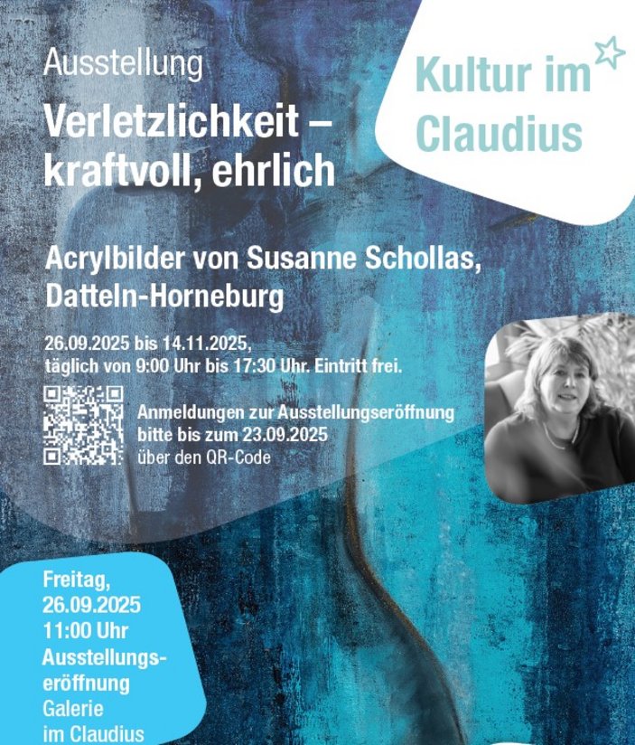 Grafik in Türkis-Tönen, darauf der Text: Ausstellung - Verletzlichkeit, kraftvoll, ehrlich und die Daten der Veranstaltung