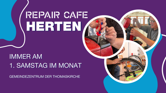 lila Grafik mit dem Titel Repair Café Herten und verschiedenen Reparaturbildern