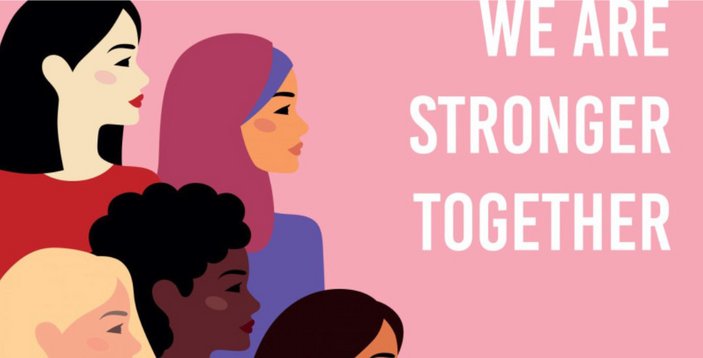 Rosa Grafik mit den Profilen verschiedener Frauen und dem Titel: We are stronger together