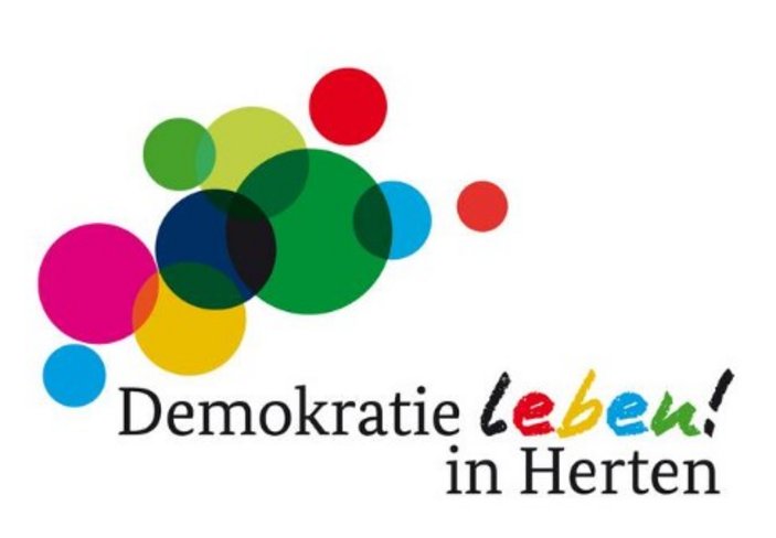 Grafik aus bunten Kugeln mit dem Titel Demokratie leben!