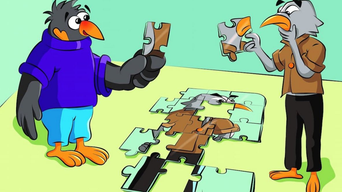 Grafik von zwei Figuren, die ein Puzzle gemeinsam lösen