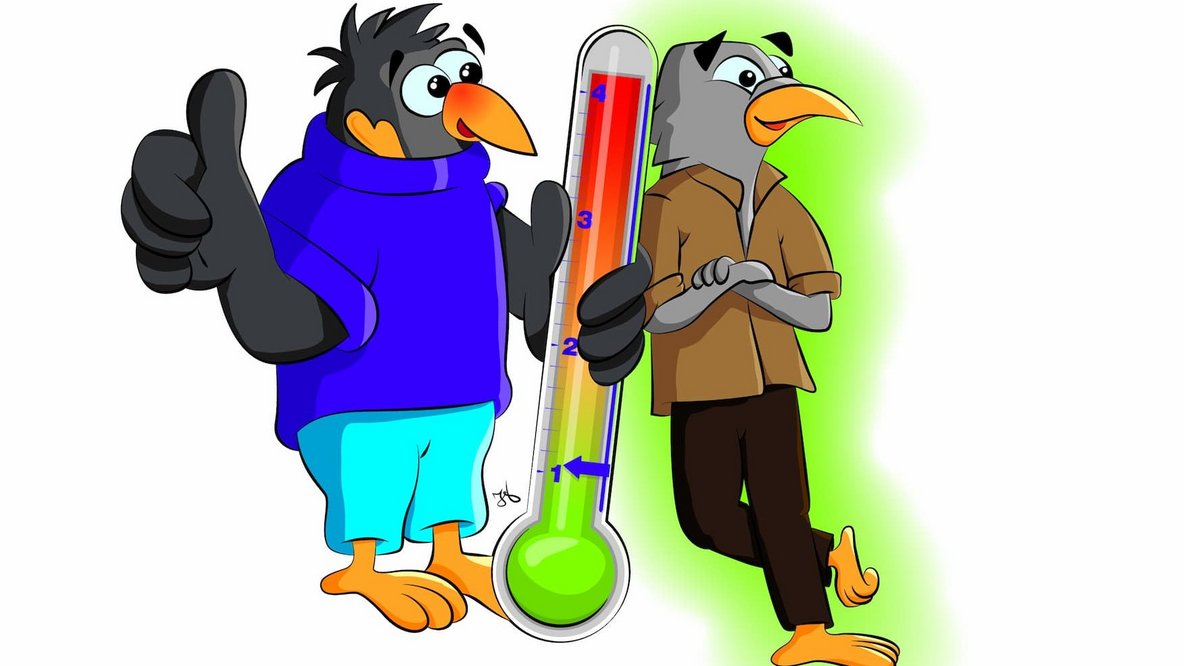 Grafik zweier Vögel, die sich an einem Thermometer anlehnen