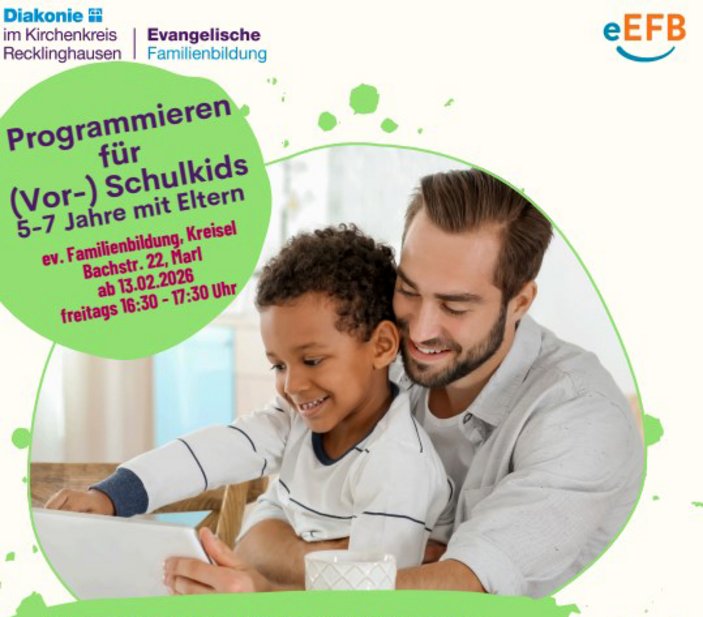 Grafik von Vater und Sohn am Computer, dazu diverse Logos und Infos: Programmieren für (Vor-) Schulkids 5- 7 Jahre mit Eltern