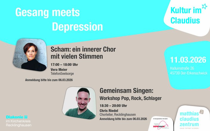 Grau-türkis-farbene Grafik mit den Daten zu der Veranstaltung und den Portraitfotos der beiden Vortragenden