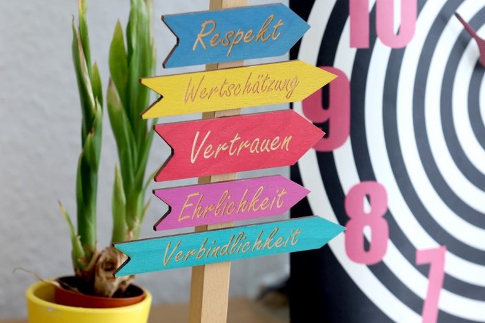 Werteweiser aus Holz der Diakonie steht auf einem Tisch vor einer kleinen Pflanze