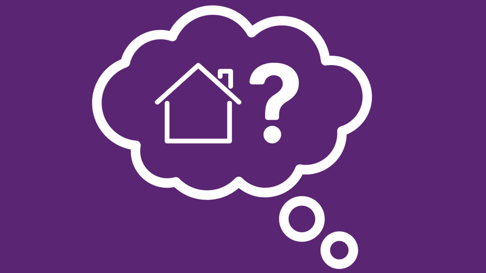 Grafik einer Denkblase mit einem Haus und einem Fragezeichen darin