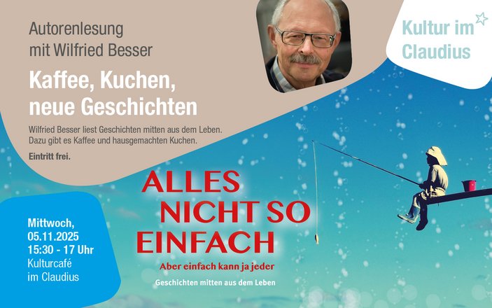 diagonal geteilte beige-blaue Grafik mit dem Portrait des Autors Wilfried Besser und dem Titel Alles nicht so einfach