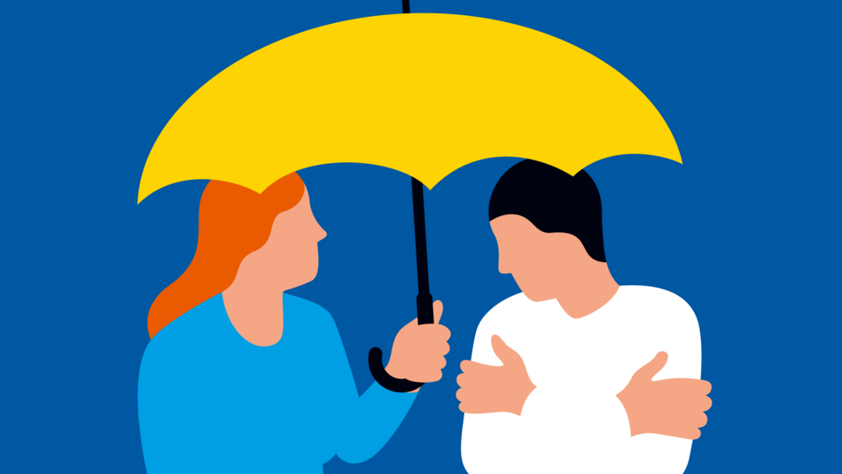 Grafik einer Person, die einer anderen einen Schirm über den Kopf hält