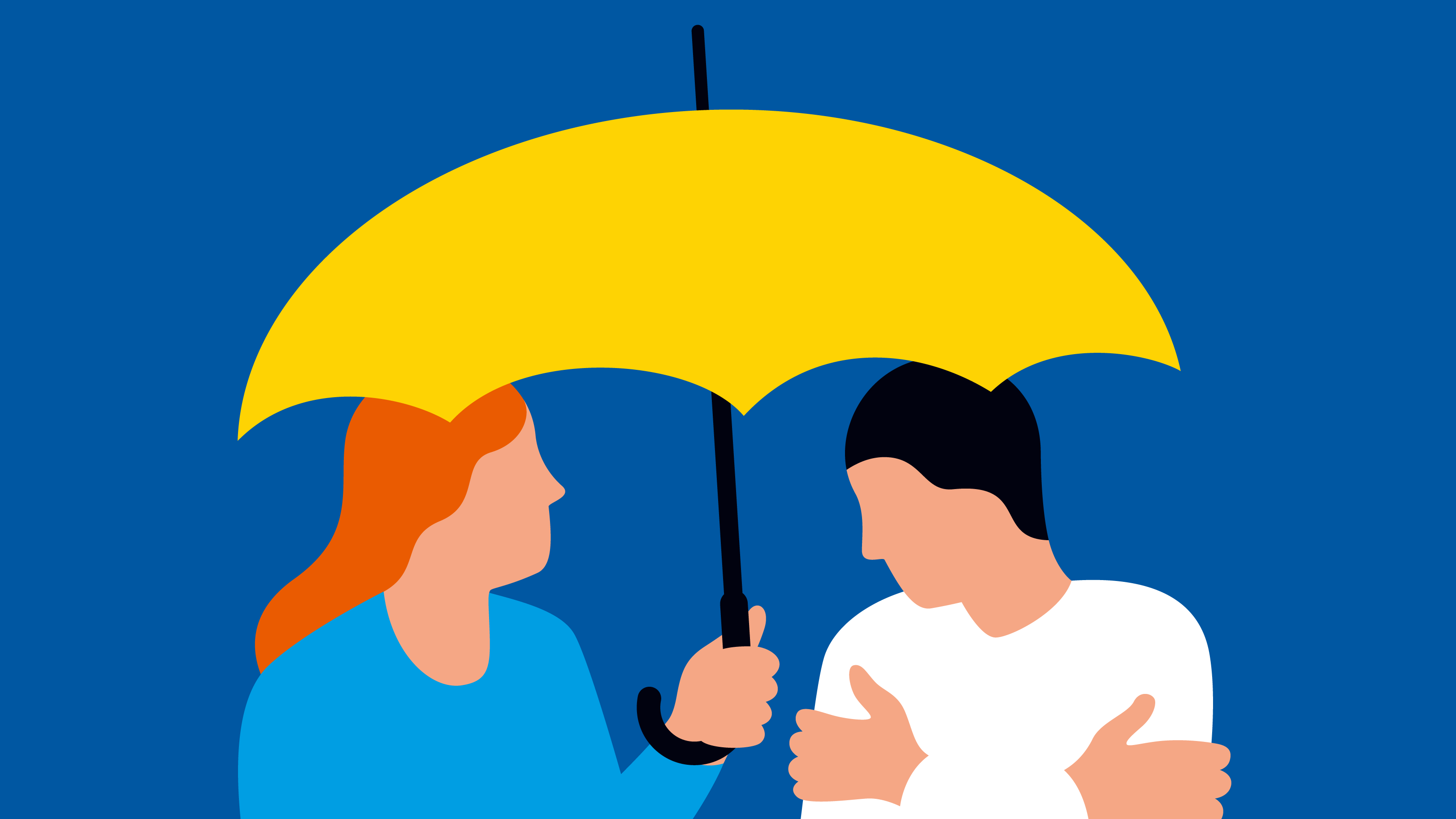 Illustration Person hält einer anderen einen Regenschirm über den Kopf