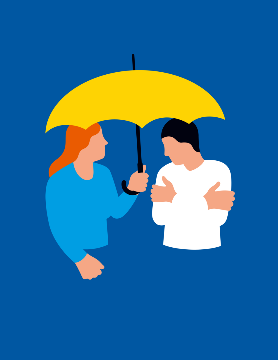 Illustration Person hält einer anderen einen Regenschirm über den Kopf