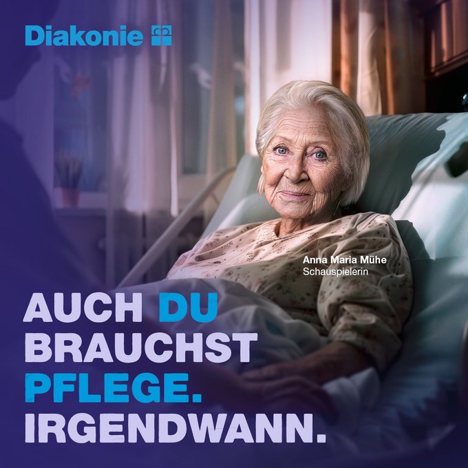 Bild einer älteren Frau mit einem Spruch: Auch du brauchst Pflege irgendwann
