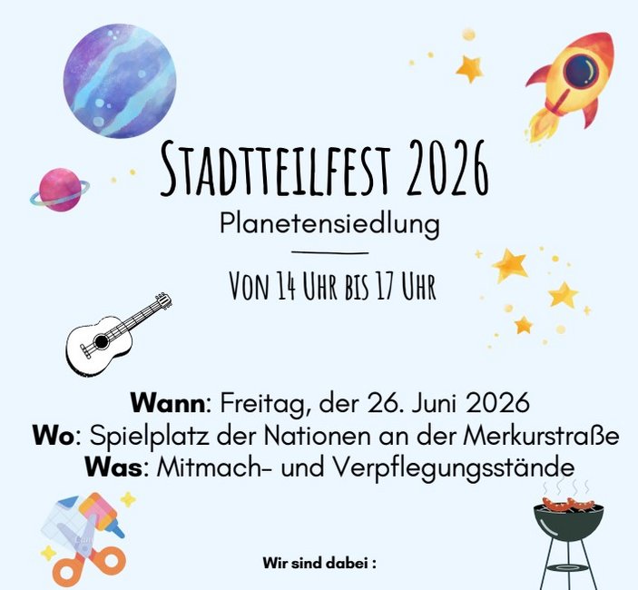 Plakat mit bunten Symbolen und Überschrift Stadtteilfest 2026 Planetensiedlung