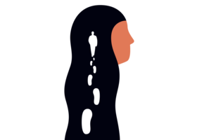 Illustration eines Kopfes, in den Haaren sind Fußspuren