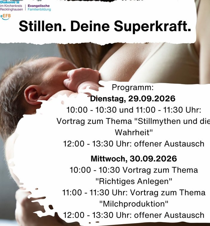 Gedrucktes Programm der Weltstillwoche. Überschrift: Stillen. Deine Superkraft. Im HIntergrund Brust mit Baby