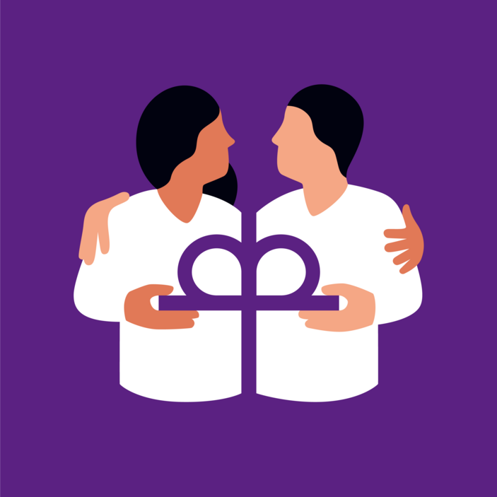 Illustration zweier Menschen, die das Diakonie-Kronenkreuz halten