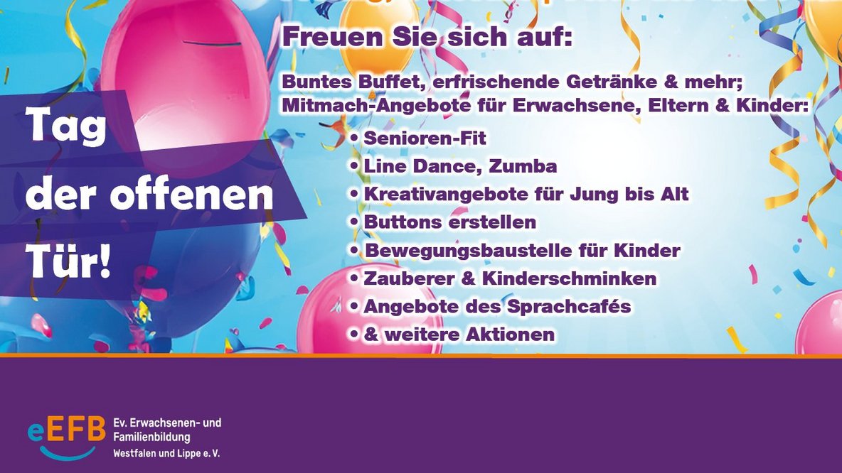 lila-bunte Grafik mit dem Titel Tag der offenen Tür