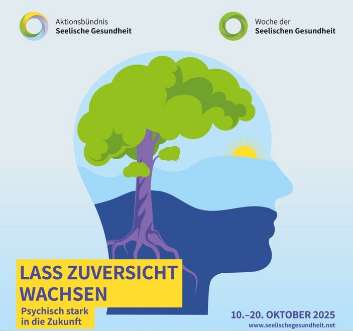 Grafik mit einem üppig begrünten Baum, der in einem menschlichen Kopf wächst, dazu die Logos der Aktion und der Text: Lasst Zuversicht wachsenb