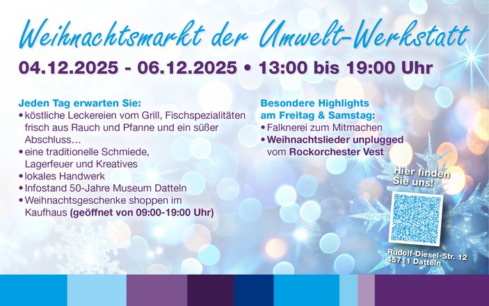 Glitzerblau unterlegte Grafik, mit dem Titel "Weihnachtsmarkt in der Umwelt-Werkstatt", dazu das Programm in Stichworten