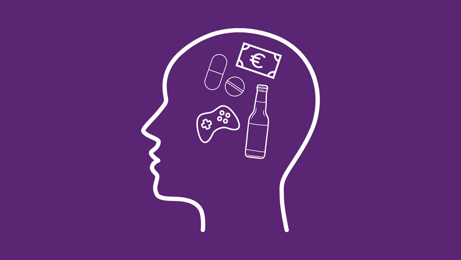 Grafik von einem Kopf, darin sind Pillen, Geldschein, Controller und eine Flasche
