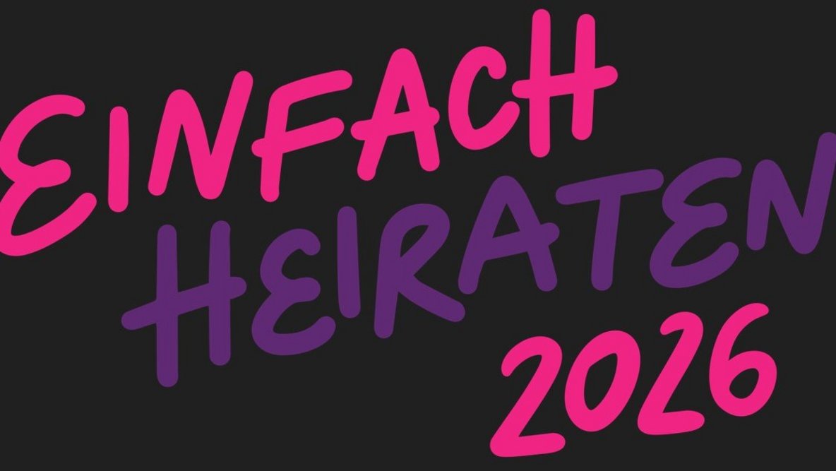schwarze Grafik mit rosa und lila Schriftzug "einfach heiraten 2026"