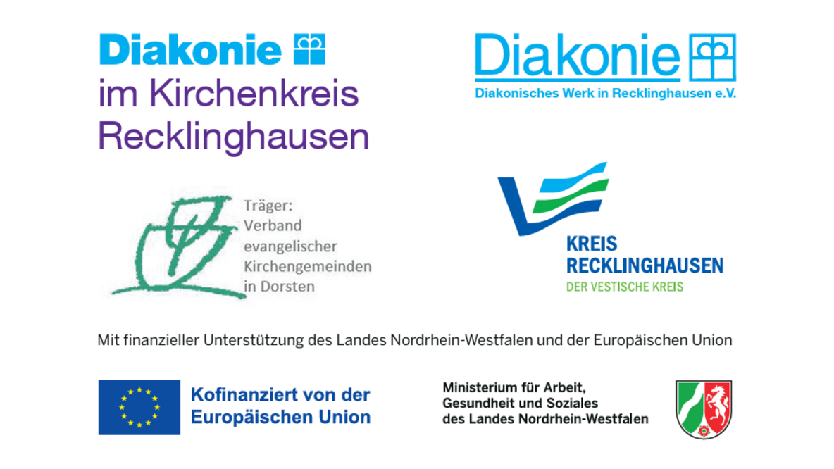 Text: Mit finanzieller Unterstützung des Landes Nordrhein-Westfalen und der Europäischen Union und deren Logos und Logos der Kooperationspartner