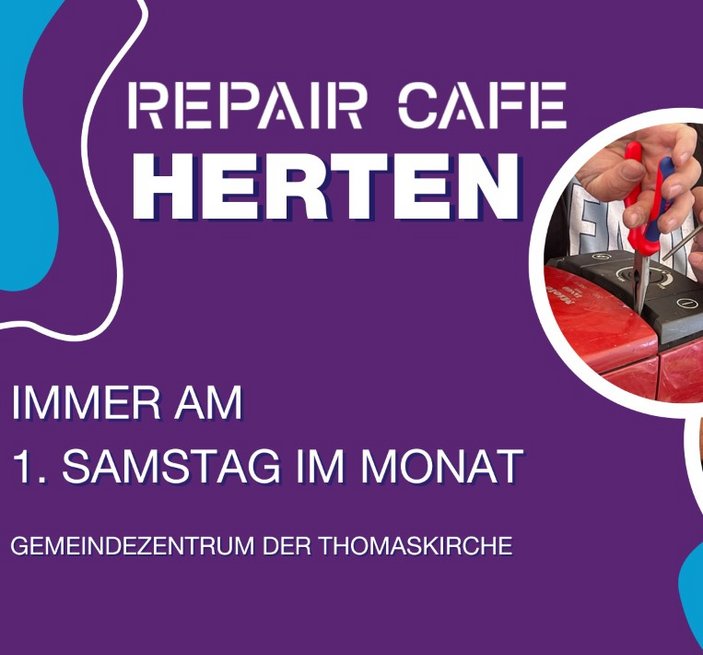 Lila Plakat mit der Aufschrift Repair Café Herten, immer am 1. Samstag im Monat